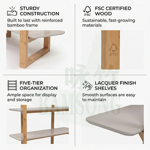 Étagère de rangement haute en bambou avec cadre renforcé, bibliothèque contemporaine à 5 niveaux, ton bois clair, minimaliste pour la maison - Product Image 3