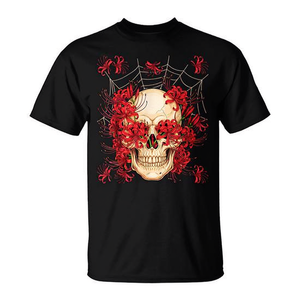 Camiseta con diseño de calavera de araña roja, diseño de anime japonés Otaku, cuello redondo negro - Product Image 2