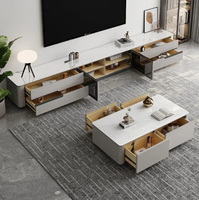 Ensemble de meuble TV et table basse modernes haut de gamme pour petits appartements, avec un support TV sur pied mobile et durable.