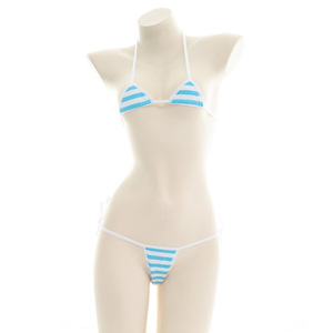 Maillot de bain trois pièces rayé, <span class=keywords><strong>taille</strong></span> ajustable, ensemble de lingerie bikini amusant, <span class=keywords><strong>grande</strong></span> <span class=keywords><strong>taille</strong></span>, bleu et <span class=keywords><strong>blanc</strong></span>, ODM Polyester - Product Image 2