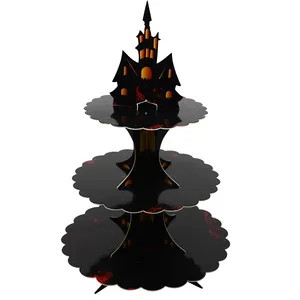 Desain baru model Kastil gelap tema Halloween bundar sekali pakai 3 tingkat tatakan kue kardus
