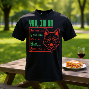 T-shirt divertente con tema cibo italiano: Sì, sono un lupo alfa - T-shirt promozionale divertente - Product Image 3