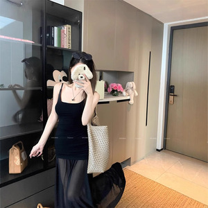 Black Spaghetti Strap Bodycon Maxi Dress Solid Color Tight Waist Stretch Knit Slip Dress For Women Casual Summer Wear - Product Image 3