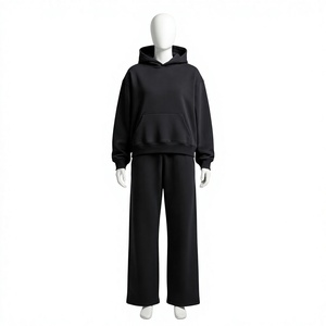 Ensemble de survêtement unisexe noir à capuche, sweat-shirt et pantalon de jogging longs, tenue décontractée d'automne, 100% coton, coupe ample, couleur unie - Product Image 1