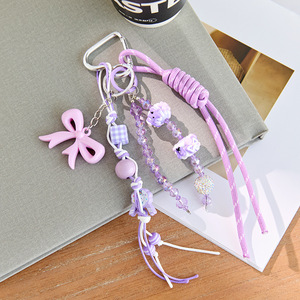 Porte-clés Y2K violets perlés faits à la main, breloques de sac en corde tressée, joli pendentif nœud et fleur, pour femmes et filles, accessoires de mode - Product Image 6