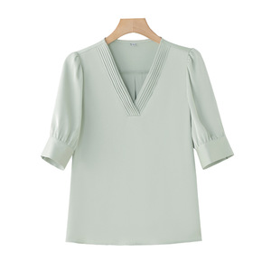 Light Green Chiffon Blouse Women V Neck Short Sleeve Solid Color Elegant Shirt Everyday Wear Polyester Fabric - Product Image 5