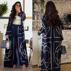 Op maat gemaakte nieuwste Abaya moslim bescheiden jurken 2-delige broekset lange mouwen open Abaya Turkije print Abaya dames moslimjurk - Product Image 2