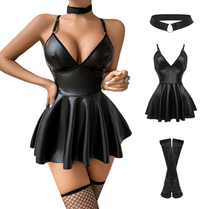 Ensemble de robes sexy dos nu en similicuir noir avec jupe évasée en V profond et dos nu avec bas résille et tour de cou pour femmes - Product Image 6