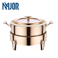 Luxe ronde roestvrijstalen chafing dish buffetwarmer met glazen deksel, geschikt voor catering, hotels, restaurants en banketten.