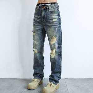 กางเกงยีนส์เดนิมทรงตรงหลวมสไตล์สตรีทแบรนด์ A25A Camellia 9909 ดีไซน์เท่ห์ ขาดๆ ซีดๆ งานหนัก แต่งปลายขาแบบ Cat's Whisker - Product Image 2