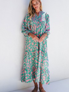 Robe midi <span class=keywords><strong>bohème</strong></span> <span class=keywords><strong>chic</strong></span> à volants floraux pour <span class=keywords><strong>femme</strong></span>, col en V, imprimé, grande taille, décontractée, été - Product Image 3