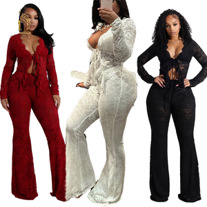 <b>Sexy</b> Women's Lace Solid Vintage Knitting Casual Y2K 2 Piece <b>Set</b> Full Length Top Long Pants Notched Collar Eco-Friendly - Product Image 4
