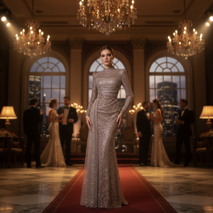 Luxury <b>Strapless</b> Floor-Length Mermaid Silhouette Evening Dress Long Sleeves Built-in <b>Bra</b> Bronze Gold Sequins Breathable Mesh - Product Image 3