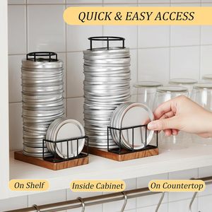 Support de rangement pour couvercles de bocaux Mason, base en bois massif, empilable, en fer forgé, organisateur de cuisine pour couvercles hermétiques - Product Image 2