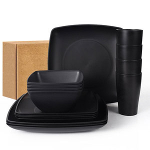 Square Bowl And Plate <b>Set</b> 16Pcs Black Plastic <b>Dinnerware</b> For Picnic Outdoor Use - Product Image 2