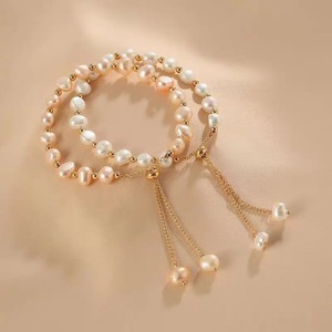 Braccialetti con coulisse con perline regolabili in oro placcato di moda per donne, braccialetto di <span class=keywords><strong>perle</strong></span> <span class=keywords><strong>rosa</strong></span> bianche irregolari per ragazze - Product Image 4