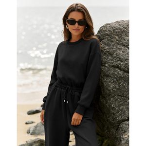 Combinaison décontractée pour femmes, manches longues, col rond, jambes larges, taille à cordon de serrage avec poches, tenue toutes saisons - Product Image 5