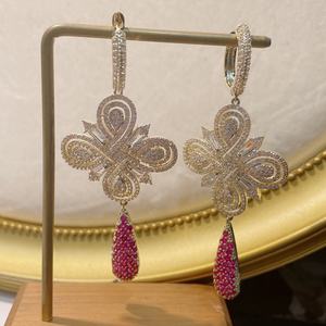 HIBRIDE, único, lujoso, largo, colgante de gota, flor CZ, pendientes para mujer, fiesta de compromiso, boda, joyería, bisutería para mujer, E-1139 - Product Image 1