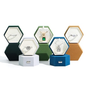 Premium Elegant <b>Small</b> Hexagon Velvet Jewelry Ring <b>Box</b> <b>Lid</b> Base Debossing Custom Logo Packaging for Wedding Ring - Product Image 2