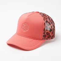 Gorra de béisbol snapback de 5 paneles con logo de parche de goma personalizado, espalda de malla con estampado de leopardo de dos tonos, corona alta y visera curva