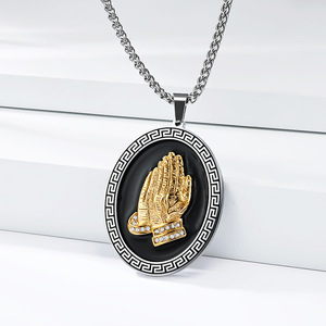 Praying Hand <b>Titanium</b> Steel Necklace For Men Oval Pendant Hip Hop Jewelry Gift - Product Image 4
