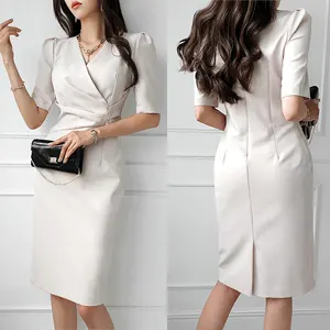 2024 Custom Women Fall Clothes Elegant Office Ladies Dress ,V Neck Slim Waist Midi Fashion Hip Korean Professional Dress