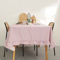 Nappe de table rose style ferme avec volants en coton, rayée, lavable, pour table rectangulaire, idéale pour fêtes et mariages
