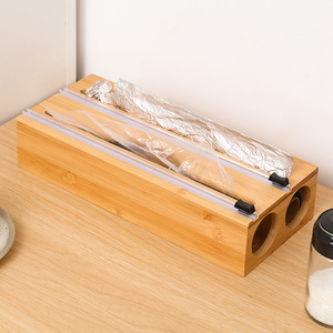 Multi-layer wall-mounted plastic <b>wrap</b> cutter, kitchenware, bamboo and wood foil storage box, two-way sliding knife cutter box. - Product Image 2
