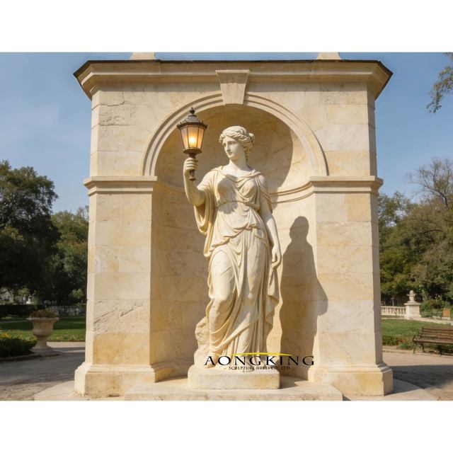 Life Size Stone Lady Holding Lamp Statue Hand Carved Natural Marble Sculpture for Outdoor Decor