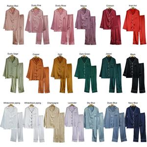 Yüksek kalite stok kadın pijama katı uzun kollu pantolon gelin parti noel kırmızı ipek saten pijama seti 2 adet Pjs - Product Image 1