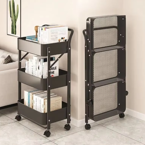 Xe đẩy đa năng gấp gọn 3 tầng để nhà bếp, có bánh xe, khung kim loại, lưới, giỏ đựng đồ, giá để đồ - Product Image 6