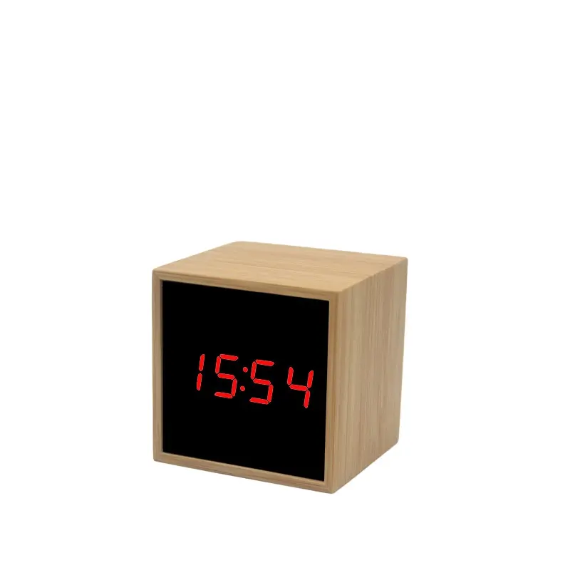 Jam Led Digital meja kayu lucu promosi dengan kalender temperatur jam Alarm bambu dengan cermin