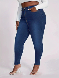 Pantalon en <span class=keywords><strong>Jean</strong></span> Extensible Bleu Foncé pour Femmes Rondes, <span class=keywords><strong>Jean</strong></span> Crayon Couleur Unie Coupe Slim Lavé pour Maman - Product Image 2
