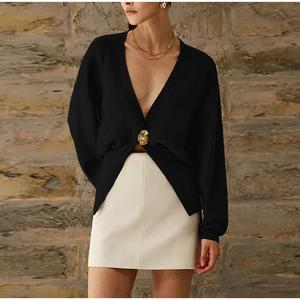 V-Neck Waist Solid Color Single Button Women's Knit <b>Cardigan</b> <b>Sweater</b> Fashion - Product Image 1