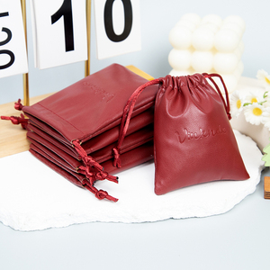 7x9 cm Personalised Simple Burgundy PU Leather <b>Drawstring</b> Jewelry Pouch <b>Makeup</b> <b>Bag</b> Cute Soft Coin Pouches - Product Image 5