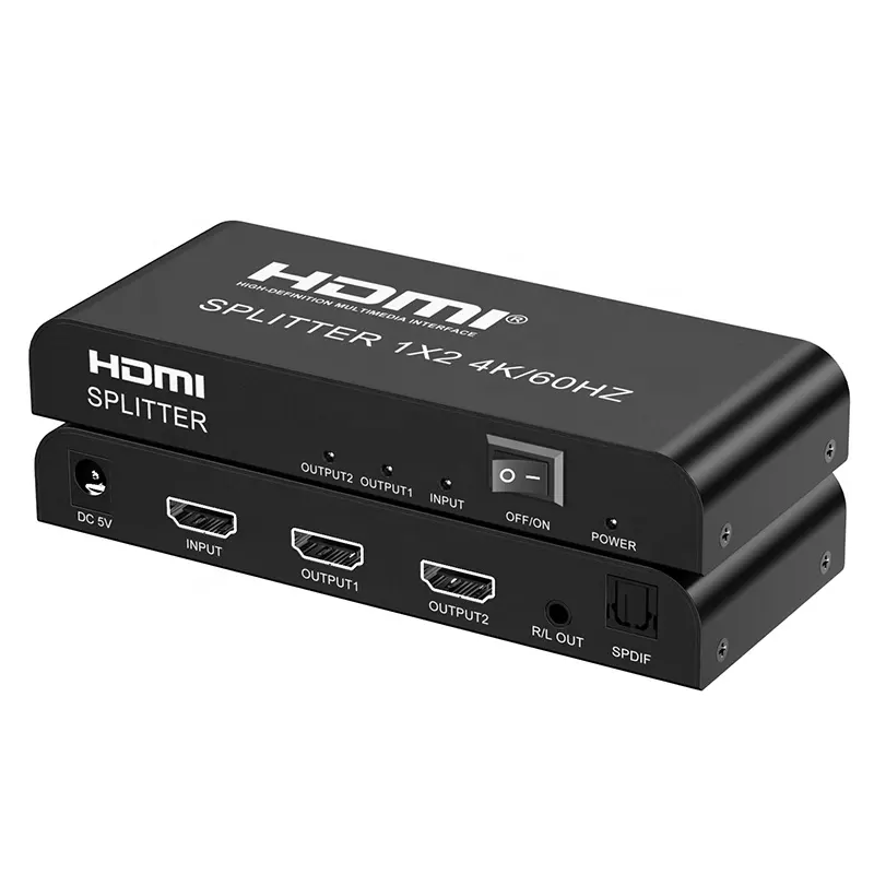 Soporte de alta calidad 4K 60Hz 3D 1080P 2 puertos 4K60Hz HDMI Splitter 1x2 HDMI 1 en 2 Out Splitter con audio óptico R/L Out