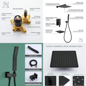 12-inch American Style Stainless Steel Concealed Wall-Mounted <b>Shower</b> <b>System</b> Bathtub Hand Overhead Rain <b>Shower</b> Heads Matte Black - Product Image 3