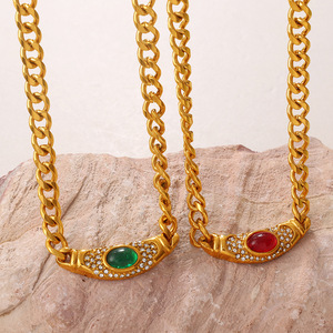 Collier pendentif œil de chat en acier inoxydable plaqué or 18 carats, chaîne cubaine, pierre verte ovale, bijoux pour femmes - Product Image 1