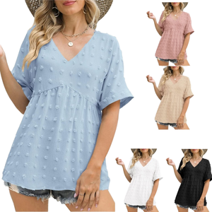 Blusas de Punto Transpirables de Manga Corta para Mujer, Cuello en V Sexy, Estampado de Dibujos Animados, Camisetas Informales - Product Image 1