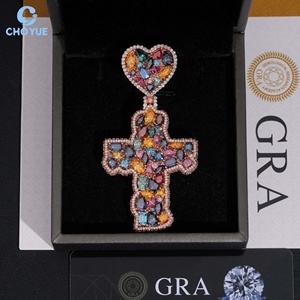 925 <b>Silver</b> Cross Pendant With Heart Top Colored Moissanite Iced Out Luxury Women's Religious Jewelry Party <b>Charm</b> - Product Image 4