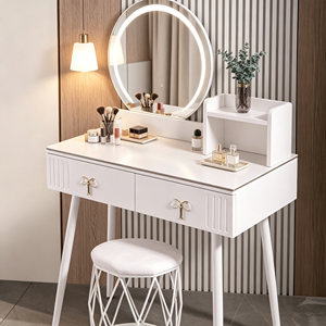 Modern Makeup <b>Vanity</b> With Lighted <b>Mirror</b> Storage Drawers Bedroom <b>Dressing</b> <b>Table</b> With Stool - Product Image 5