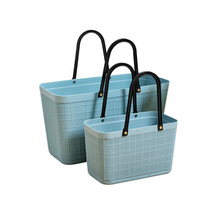 Shopping <b>Basket</b> Rectangle Plastic Linen Texture Eco Friendly Storage Organizer For Women Fashionable Grocery Bag Light Blue - Product Image 5
