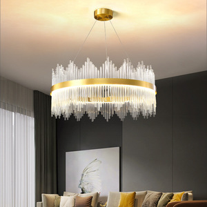 Lustre moderne minimaliste élégant en cristal, en acier inoxydable doré, LED, luminaire de luxe moyen, salon, salle à manger - Product Image 2