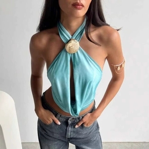 Summer Sexy <strong>Golden</strong> Buckle Embellished Flat Needle Vest <strong>Top</strong> T-shirts Blouses Casual T-shirts Sports <strong>Crop</strong> <strong>Tops</strong> - Product Image 2