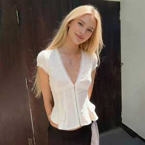 Jacquard Knit V Neck Button <b>Down</b> T Shirt Women Short Sleeve Slim Fit Top Textured Fabric Casual Elegant Versatile Summer Tee - Product Image 2