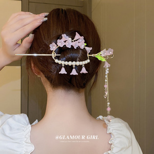 Pasador de Pelo Tradicional Chino Vintage con Flor Acrílica Morada, Palillo de Pelo Clásico con Borla, Elegante Accesorio para el Cabello Hanfu para <span class=keywords><strong>Mujer</strong></span> - Product Image 2