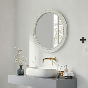 Miroir mural rond en bois blanc vieilli avec perles, 23,62 pouces, style ferme, vintage, pour salle de bain, chambre, entrée, shabby chic - Product Image 4