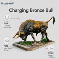 Sculpture de taureau musclé en bronze coulé, art métallique, pour place de quartier financier, sculpture extérieure emblématique, statue, fabrication sur mesure