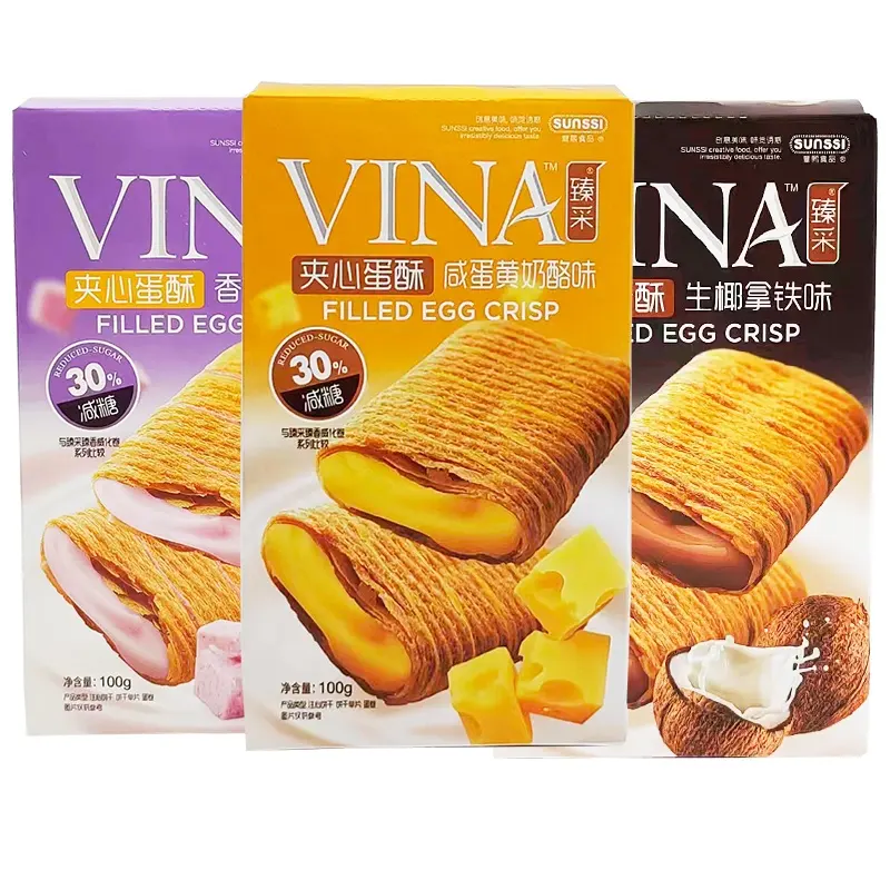 Chinese 100G Knapperige Taro Melk/Latte/Gezouten Kaas Smaak Gevulde Loempia Sandwich Biscuit Zoete Aziatische Snacks In Doosverpakking