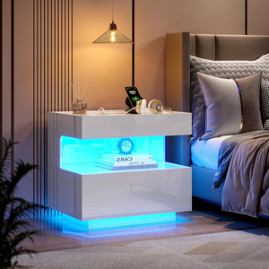 Motion Sensor LED Floating Nightstand with Wireless Charging Type-C USB Port Hidden Gun Drawer High Gloss Bedside <b>End</b> Side <b>Table</b> - Product Image 1